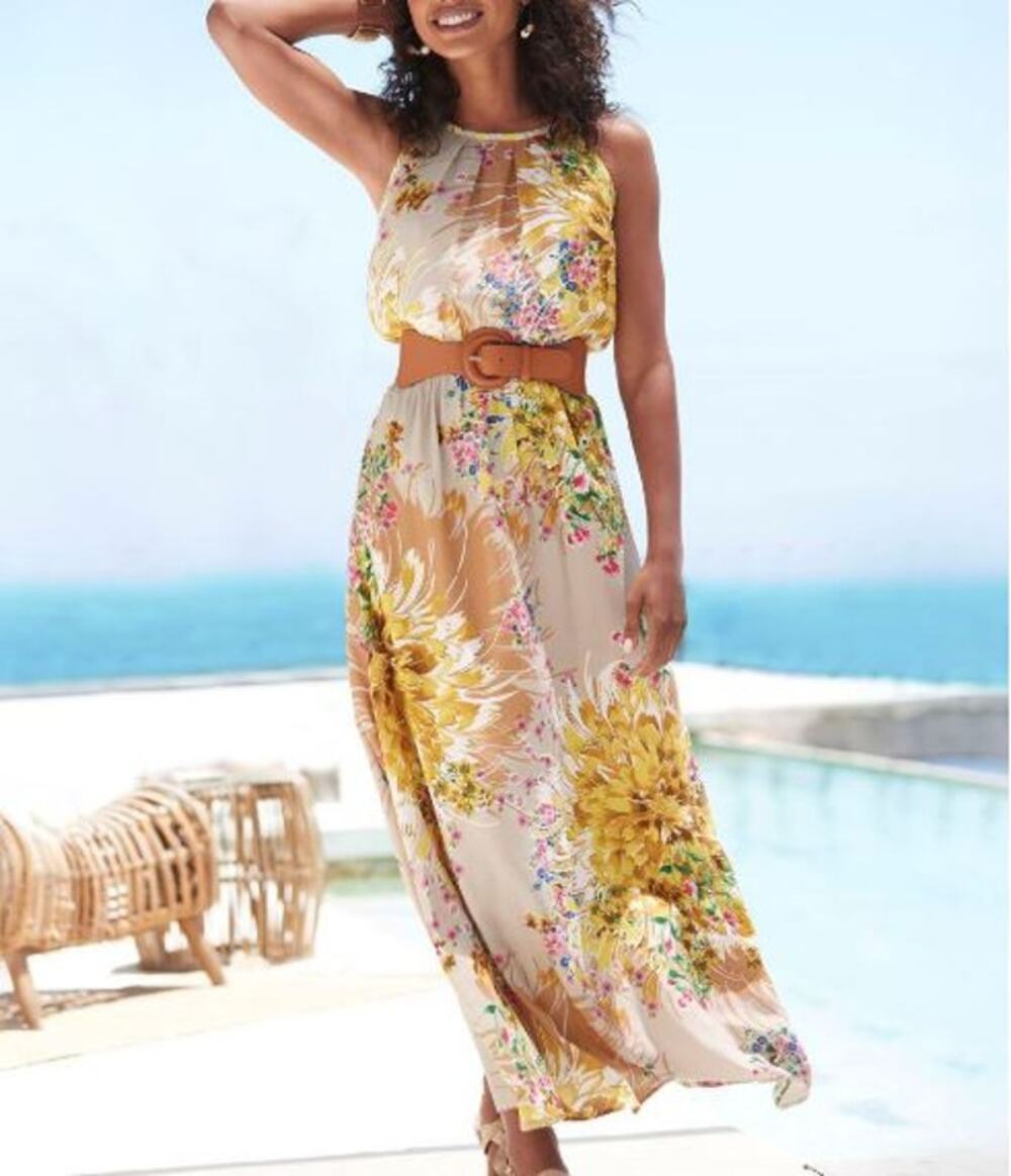 Lascana Pleated A-Line Floral Maxi Dress Women's 42 US 10 Sleeveless NEW Formal